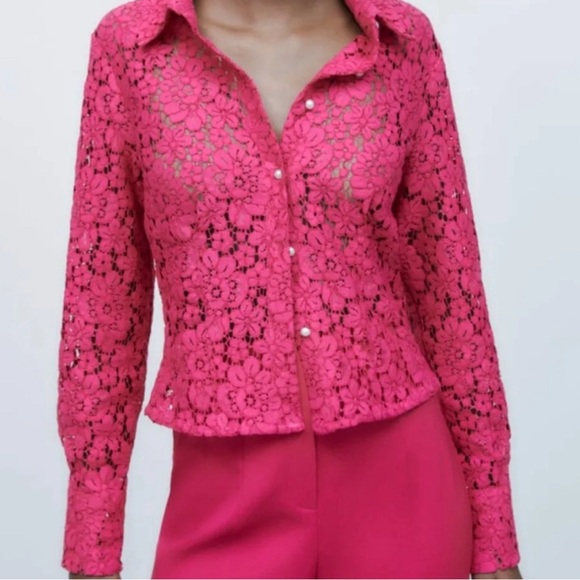 Zara Fitted lace Shirt Fuchsia Size XS - Picture 4 of 4